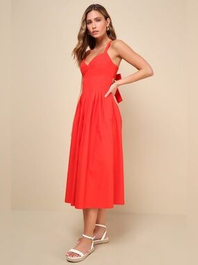 Strolling Sicily Red Pleated Backless Midi Dress With Pockets